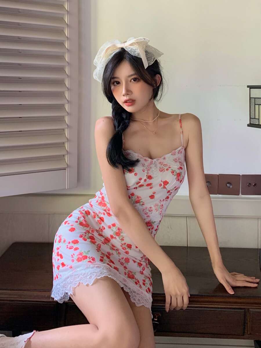 Allover Floral Contrast Lace Bustier Cami Dress - Multicolor - View 1