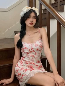 Allover Floral Contrast Lace Bustier Cami Dress - Multicolor - View 6