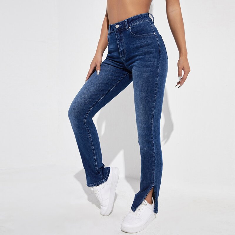 

High Waist Split Hem Jeans, Dark wash