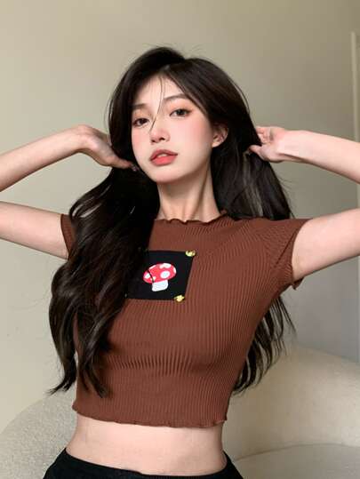 Lettuce Trim Patched Crop Ribbed Tee