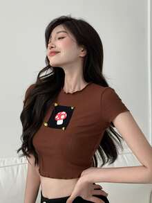 Lettuce Trim Patched Crop Ribbed Tee - Rust Brown - View 2