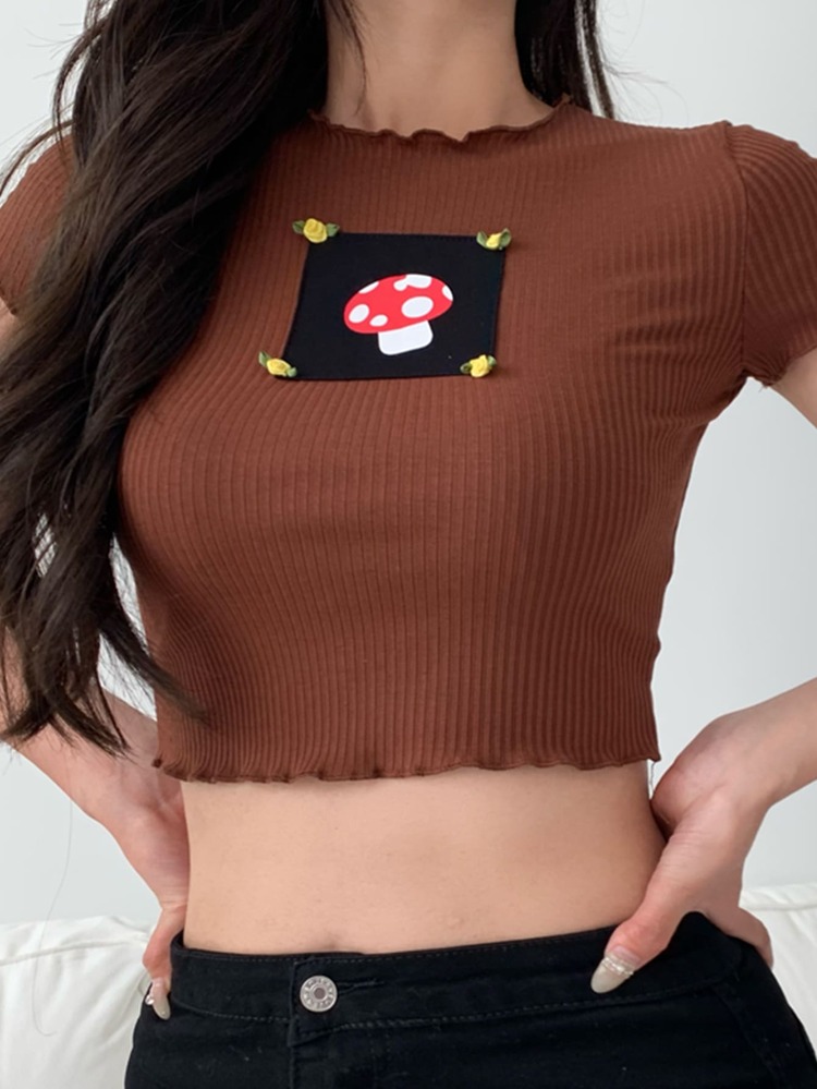 Lettuce Trim Patched Crop Ribbed Tee - Rust Brown - View 4