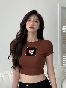 Lettuce Trim Patched Crop Ribbed Tee - Rust Brown - View 5