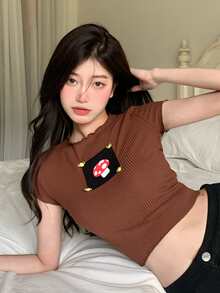 Lettuce Trim Patched Crop Ribbed Tee - Rust Brown - View 6