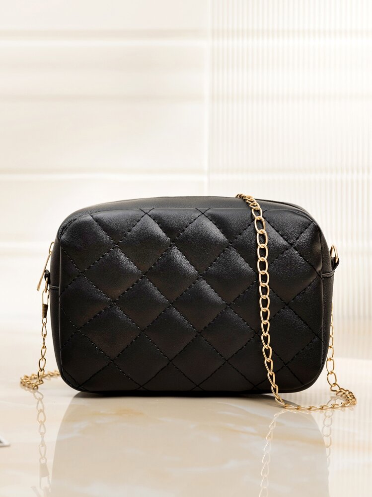 Mini Minimalist Quilted Chain Crossbody Bag - Black - View 1
