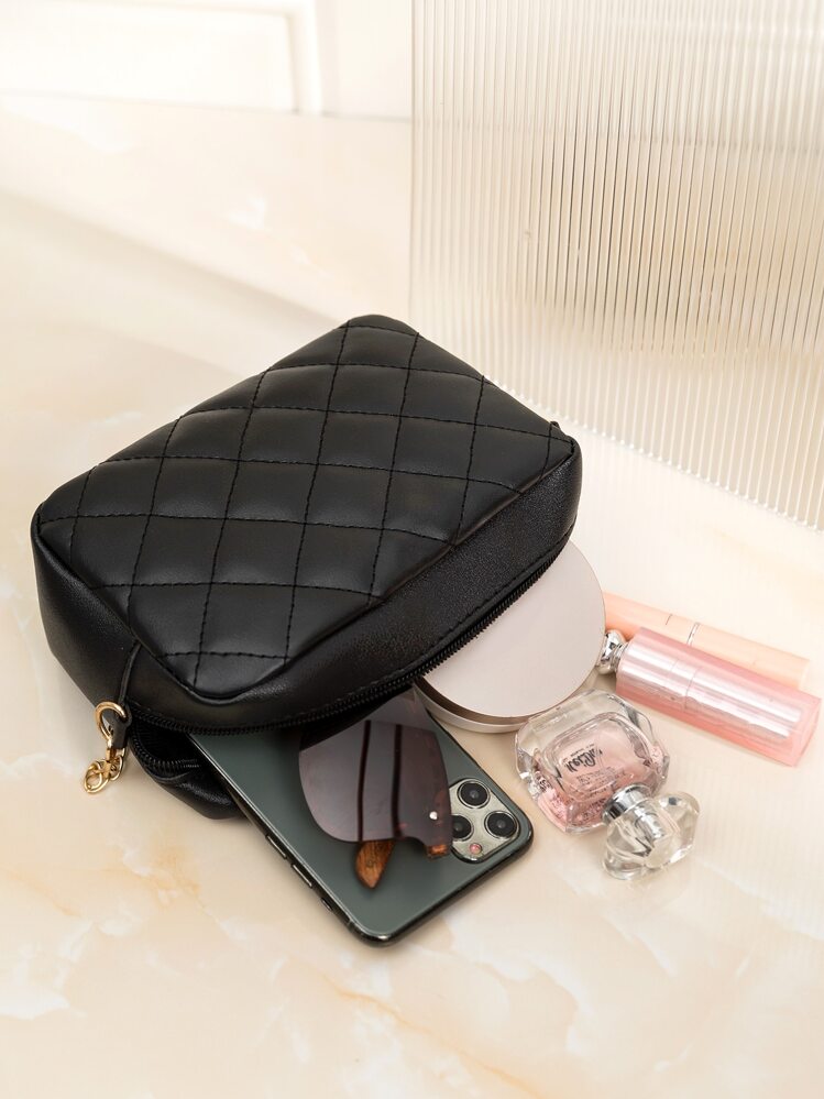Mini Minimalist Quilted Chain Crossbody Bag - Black - View 3