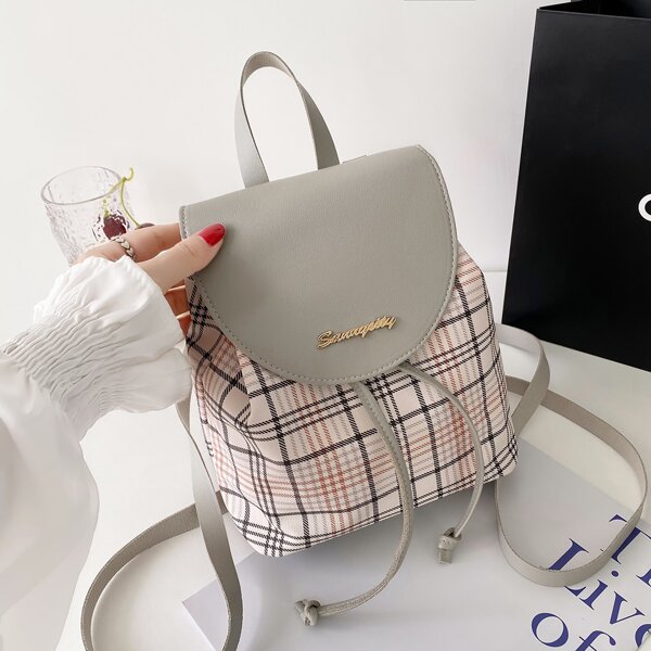 

Tartan Drawstring Flap Backpack, Grey