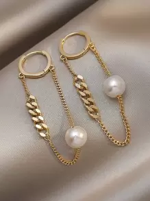 Andkiss Faux Pearl & Chain Decor Earrings - Yellow Gold - View 2