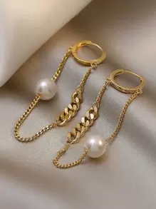 Andkiss Faux Pearl & Chain Decor Earrings - Yellow Gold - View 3