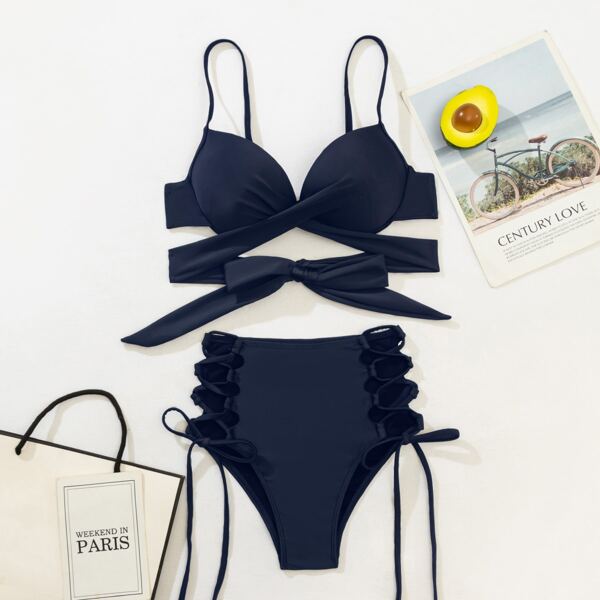 

Wrap Lace Up Push Up Bikini Swimsuit, Navy blue