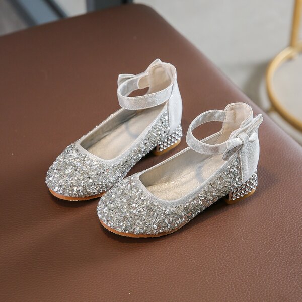 

Girls Glitter Decor Ankle Strap Flats, Silver