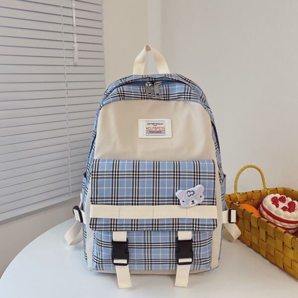 

Girls Plaid Buckle Decor Backpack, Blue