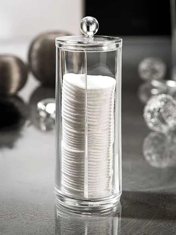 1 pieza Soporte para almacenamiento de hisopos, dispensador transparente de almohadillas de maquillaje, organizador de hisopos, envase de almacenamiento con tapa, organizador de maquillaje multifuncional de acrílico, para vacaciones en la playa, colección de baño, colección de dormitorio, gran capacidad