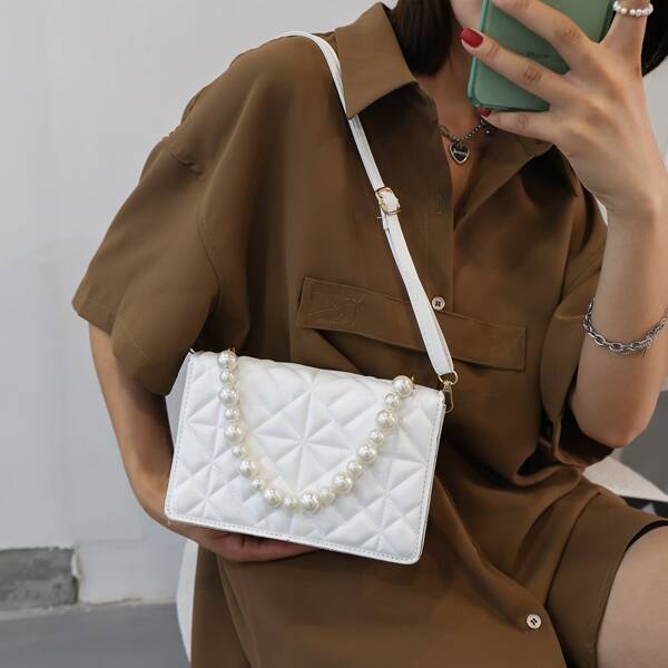 

Minimalist Quilted Faux Pearl Decor Square Bag, White