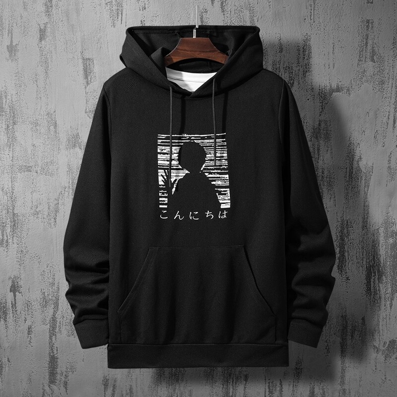 

Guys Japanese Letter And Figure Graphic Hoodie Without Tee, Black