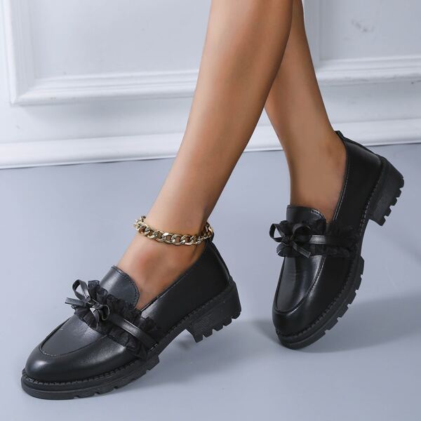 

Ruffle & Bow Decor Platform Loafers, Black
