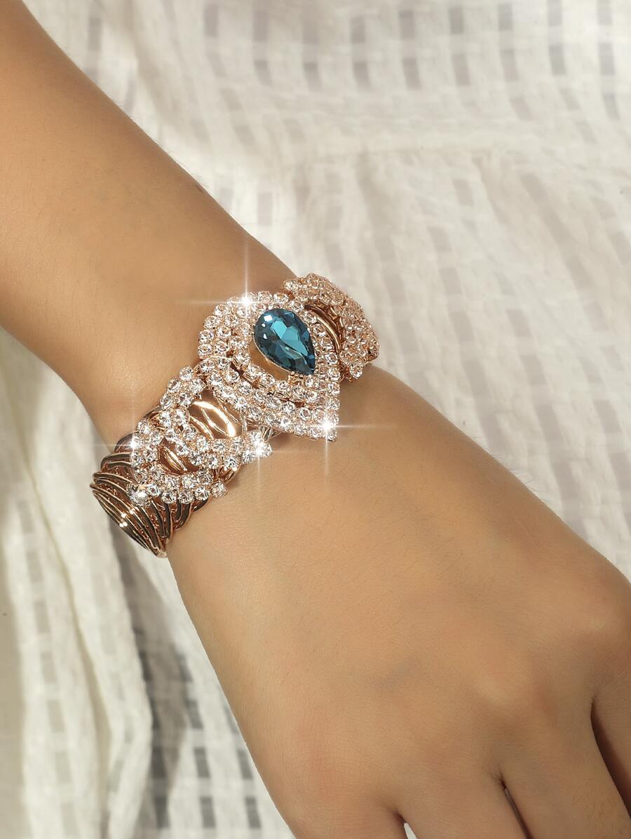 件精美方形彈簧手鐲，全裝飾水鑽，適合派對、婚禮 - 金黃色 - 查看 1