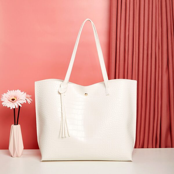 

Solid Croc Embossed Tassel Decor Shoulder Tote Bag, White