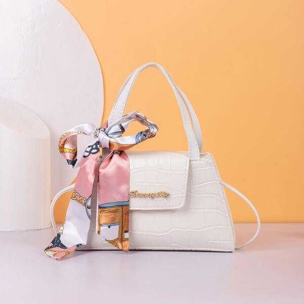 

Croc Embossed Scarf Decor Satchel Bag, White