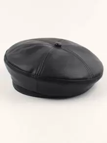 Solid PU Beret - Black - View 1