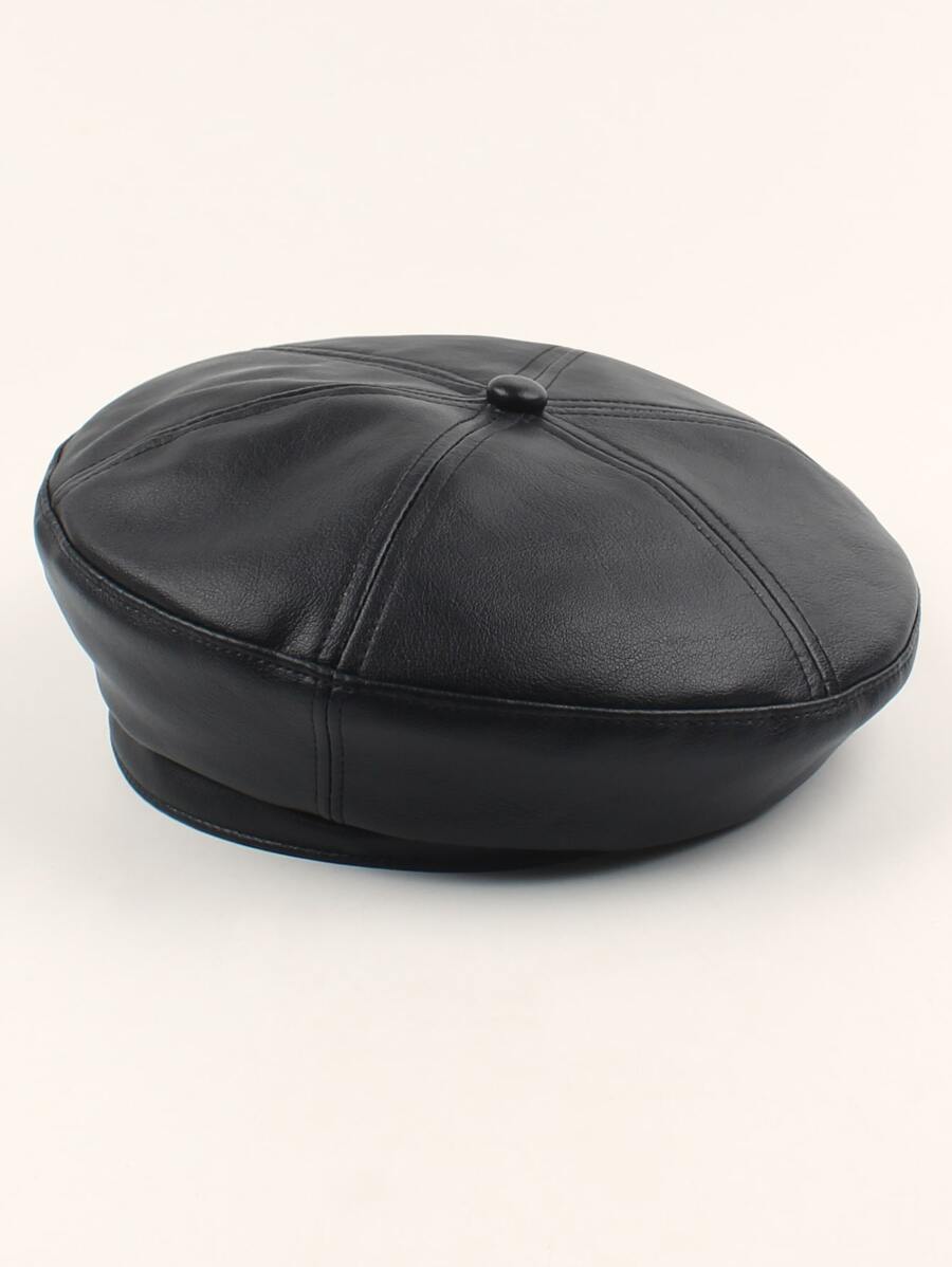 Solid PU Beret - Black - View 1