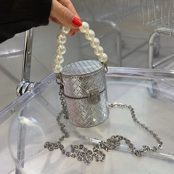 

Metallic Faux Pearls Decor Box Bag, Silver