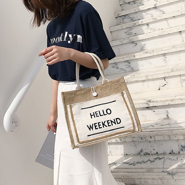 

Letter Graphic Shoulder Tote Bag, Beige