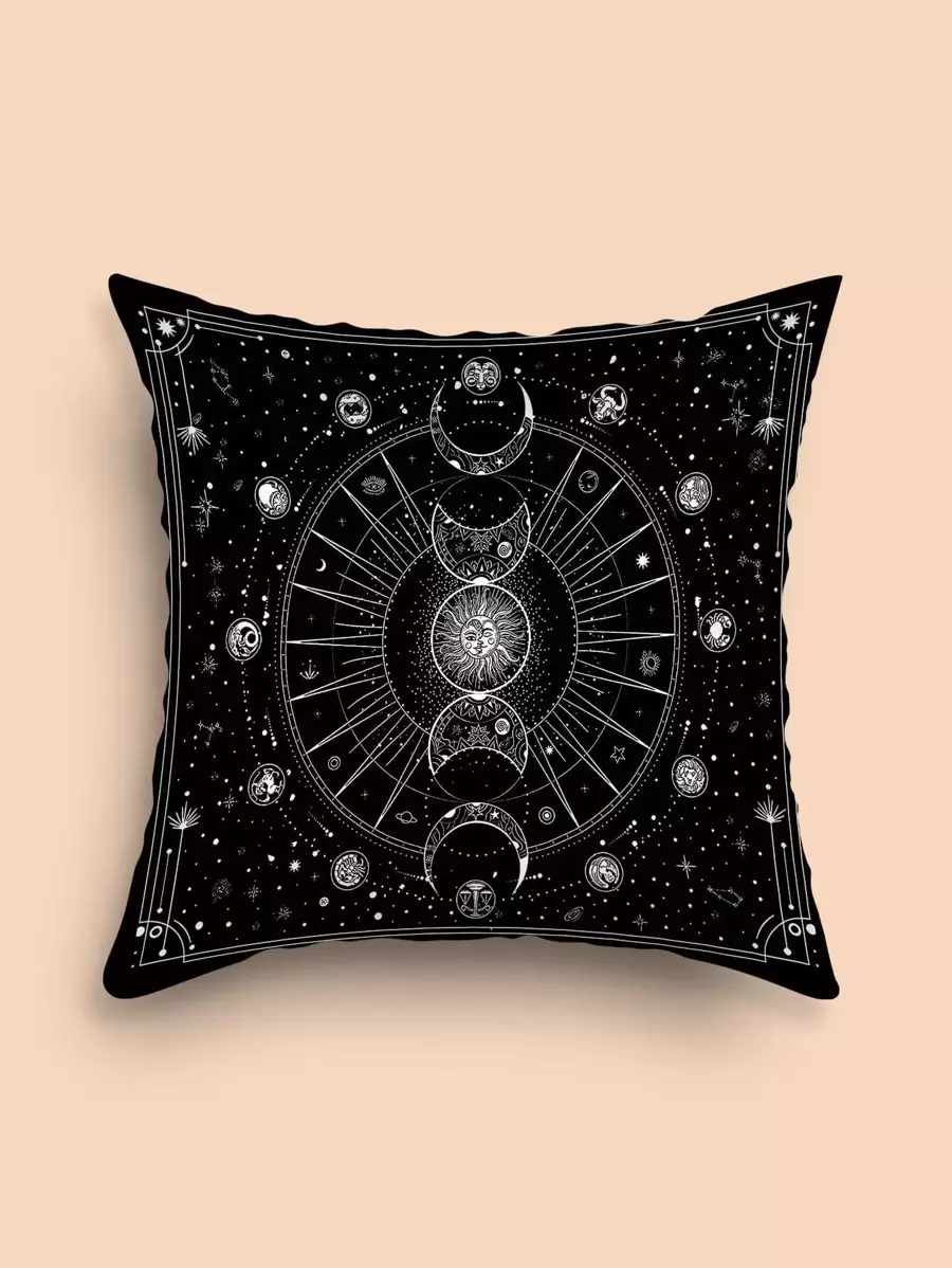 Sun & Moon Tarot Card Pattern Printed Pillow Cover - Black and White - View 1
