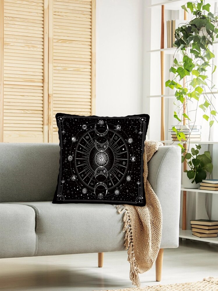 Funda de almohada estampada con patrón de cartas del tarot del sol y la luna - Blanco y Negro - Añade 3