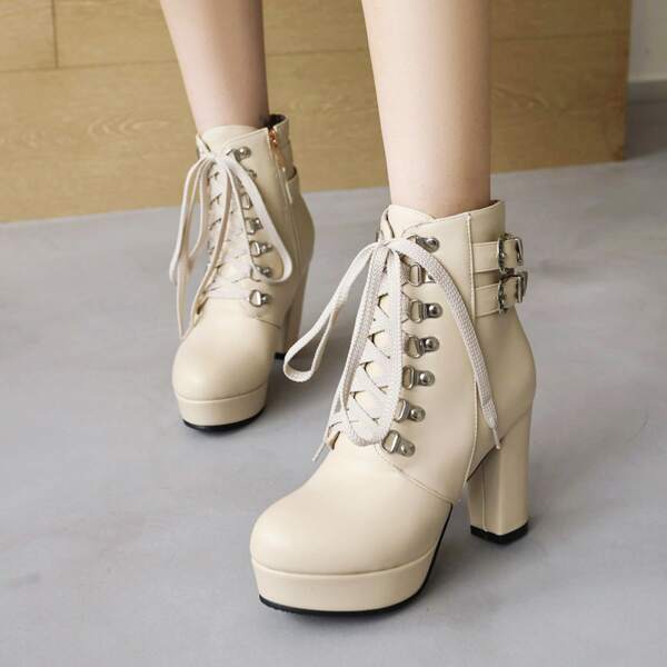 

Buckle Detail Lace-up Front Platform Boots, Beige