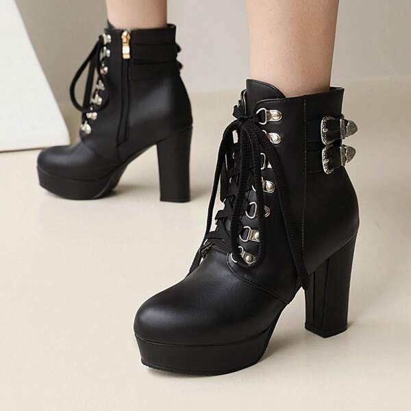 

Buckle Detail Lace-up Front Platform Boots, Black