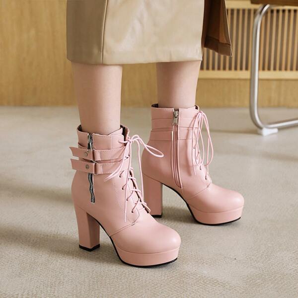 

Buckle Detail Lace-up Front Platform Boots, Pink