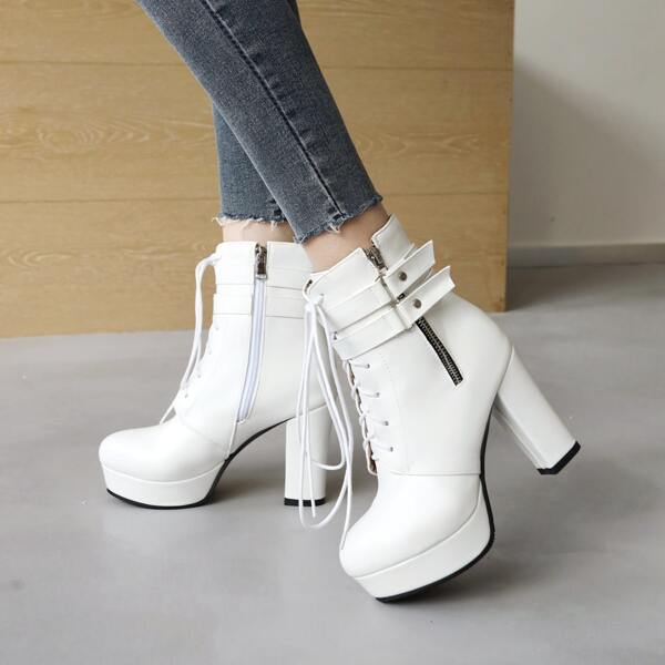 

Buckle Detail Lace-up Front Platform Boots, White