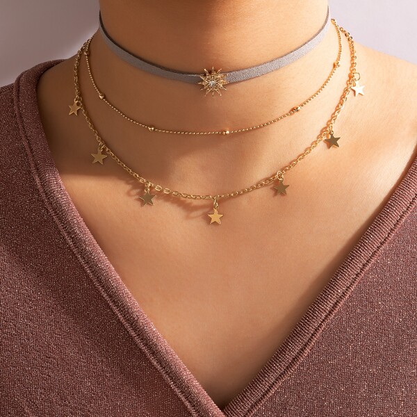 

3pcs Star Charm Necklace, Gold