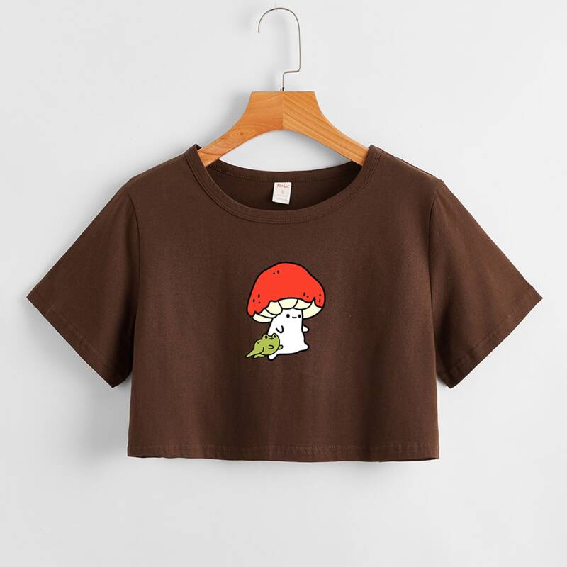 

Mushroom & Frog Graphic Boxy Tee, Brown