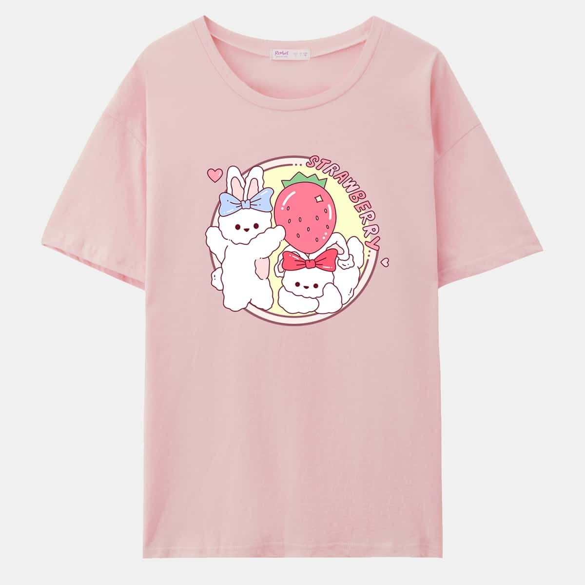 

Letter Strawberry & Cartoon Graphic Oversized Tee, Baby pink