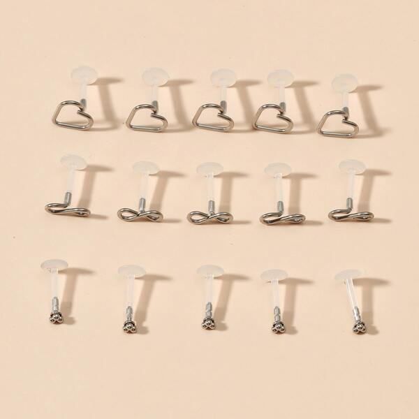

15pcs Men Heart Decor Nose Stud, Silver
