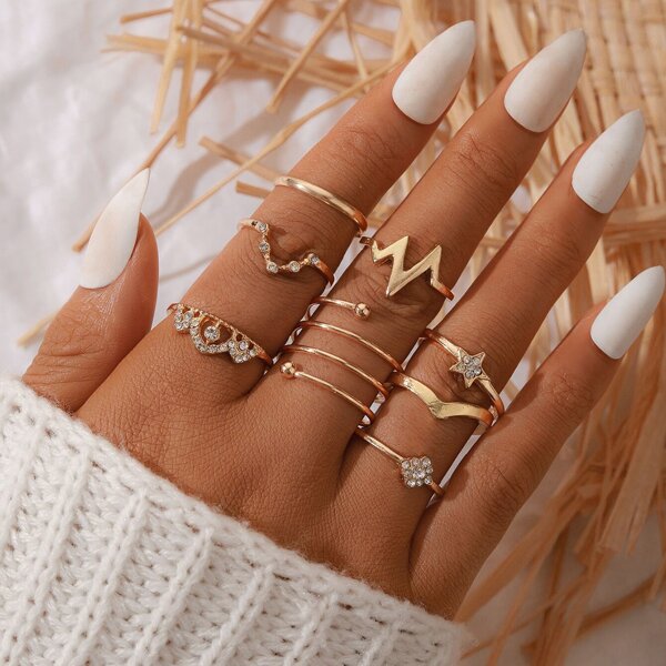 

8pcs Rhinestone Decor Ring, Gold