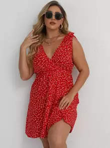 SHEIN Clasi Plus Confetti Heart Plunge Neck Swing Dress - Red - View 1