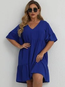 SHEIN LUNE Mais Vestido de bata Sólido Bainha com babado - Azul Real - Ver 1
