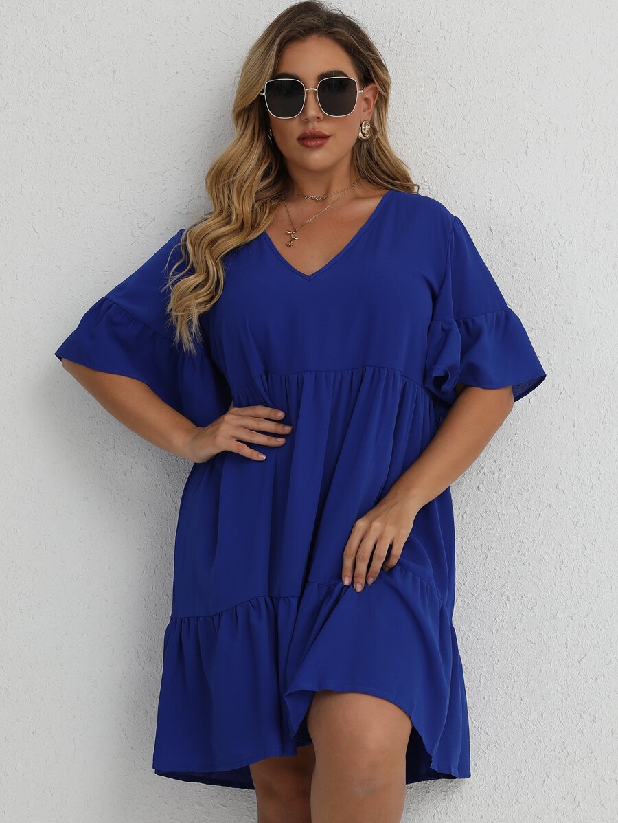 SHEIN LUNE Mais Vestido de bata Sólido Bainha com babado - Azul Real - Ver 1