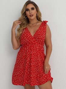 SHEIN Clasi Plus Confetti Heart Plunge Neck Swing Dress - Red - View 3