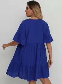 SHEIN LUNE Mais Vestido de bata Sólido Bainha com babado - Azul Real - Ver 2