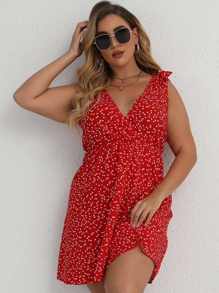 SHEIN Clasi 大碼紙屑狀心形深V領傘擺洋裝 - 紅色 - 查看 4