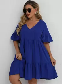 SHEIN LUNE Mais Vestido de bata Sólido Bainha com babado - Azul Real - Ver 3