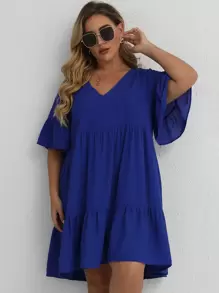 SHEIN LUNE Mais Vestido de bata Sólido Bainha com babado - Azul Real - Ver 4