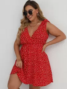 SHEIN Clasi Plus Confetti Heart Plunge Neck Swing Dress - Red - View 7