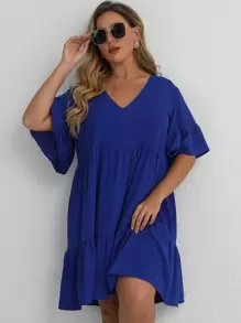 SHEIN LUNE Mais Vestido de bata Sólido Bainha com babado - Azul Real - Ver 5