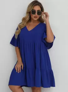 SHEIN LUNE Mais Vestido de bata Sólido Bainha com babado - Azul Real - Ver 6