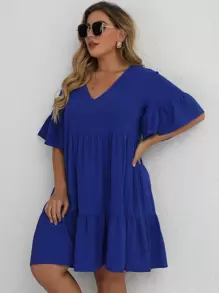 SHEIN LUNE Mais Vestido de bata Sólido Bainha com babado - Azul Real - Ver 7
